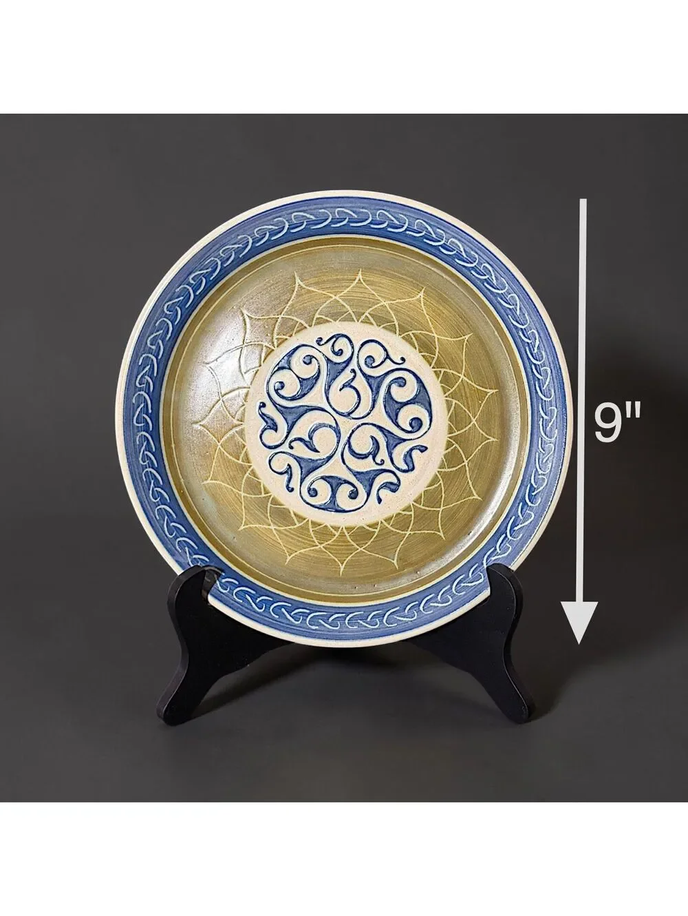 Vintage Signed Studio Pottery Charger Blue Olive Sgraffito Decorative Plate